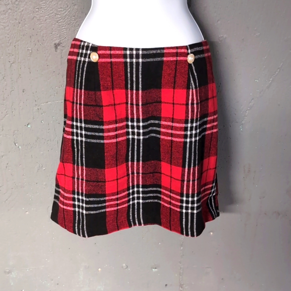 Red plaid skirt pearl detail
